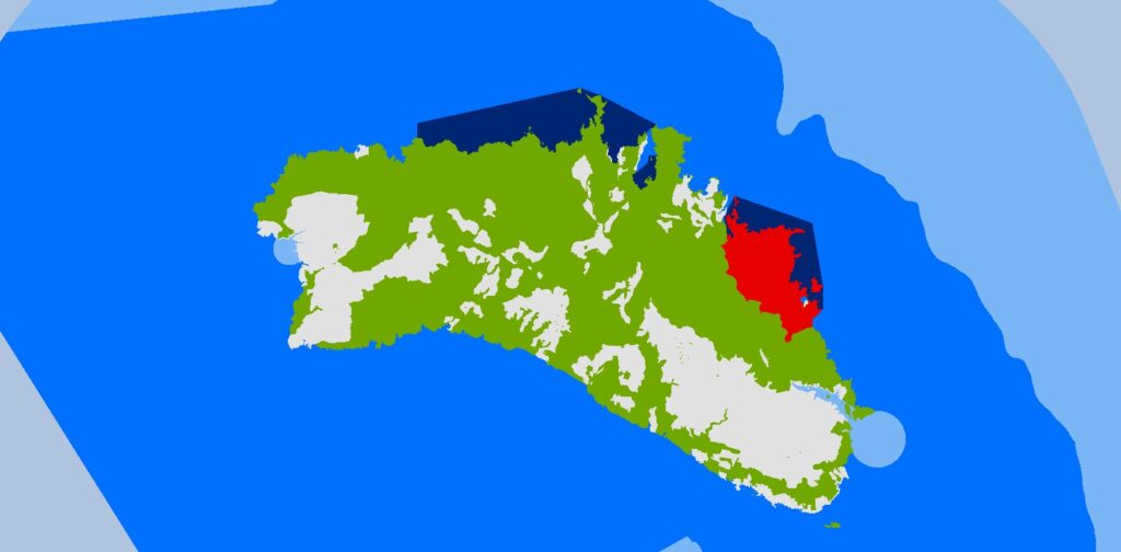 Mapa de zonificació de la Reserva de Biosfera, amb les zones nucli (vermell i blau fosc), zones d’amortiment (verd i blau marí) i zones de transició (gris i blau cel) (Foto: IDE Menorca).